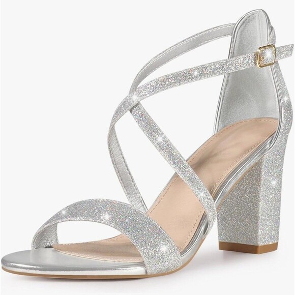 Unbranded Shoes - Perphy Silver Glitter Block Heel Sandals Women's Size 8 Ankle Strap Dress NWOB